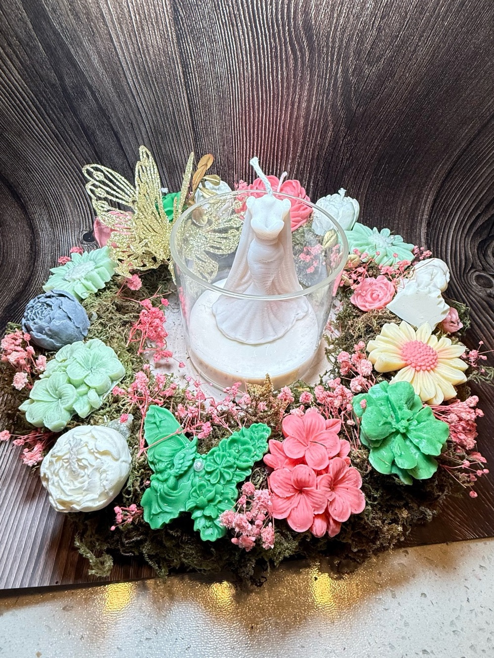 Handmade Floral Wax Melts, bridal dress 👗Candle Centerpiece - Pink, Green, White